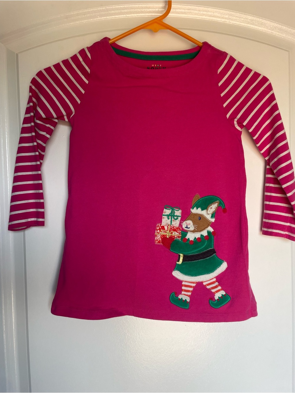 Mini Boden  Bright Pink Long-Sleeve Elf Bunny Appliqué Tunic